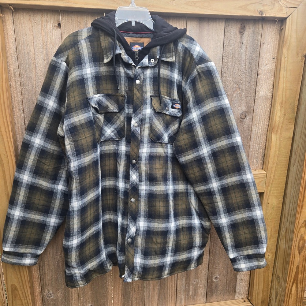 Dickies Mens XLT Plaid Hooded Flannel Shirt Jacket Quilted Lined Olive Green
